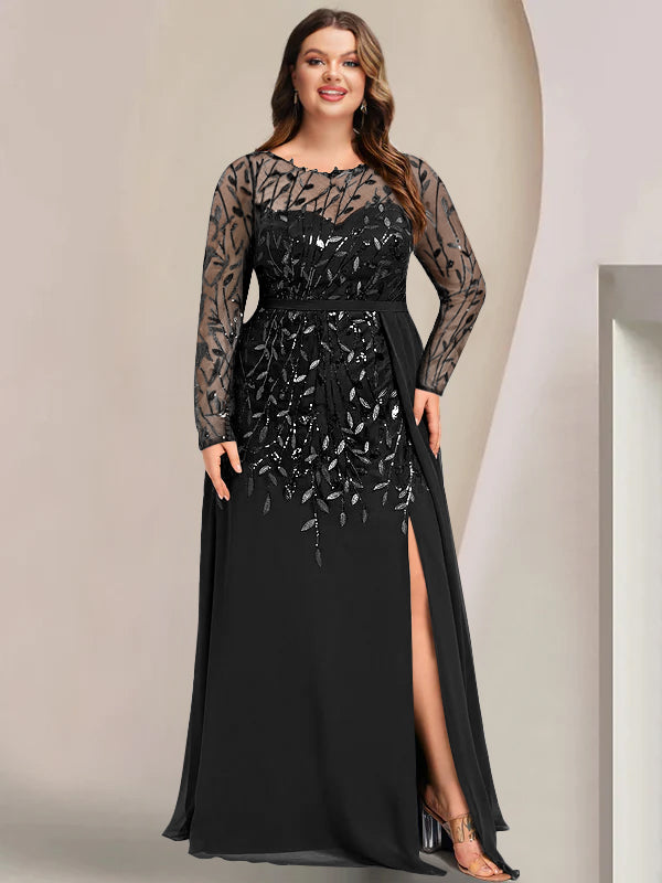 A-Line/Princess Scoop Long Sleeves Floor-Length Plus Size Mother Of The Bride Dresses With Split Side, Ruffles & Sequins BabaMila