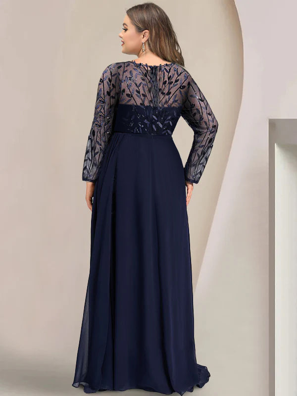 A-Line/Princess Scoop Long Sleeves Floor-Length Plus Size Mother Of The Bride Dresses With Split Side, Ruffles & Sequins BabaMila