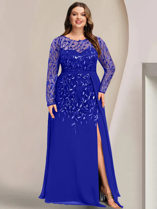 A-Line/Princess Scoop Long Sleeves Floor-Length Plus Size Mother Of The Bride Dresses With Split Side, Ruffles & Sequins BabaMila