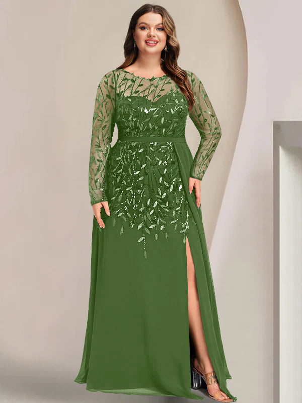 A-Line/Princess Scoop Long Sleeves Floor-Length Plus Size Mother Of The Bride Dresses With Split Side, Ruffles & Sequins BabaMila