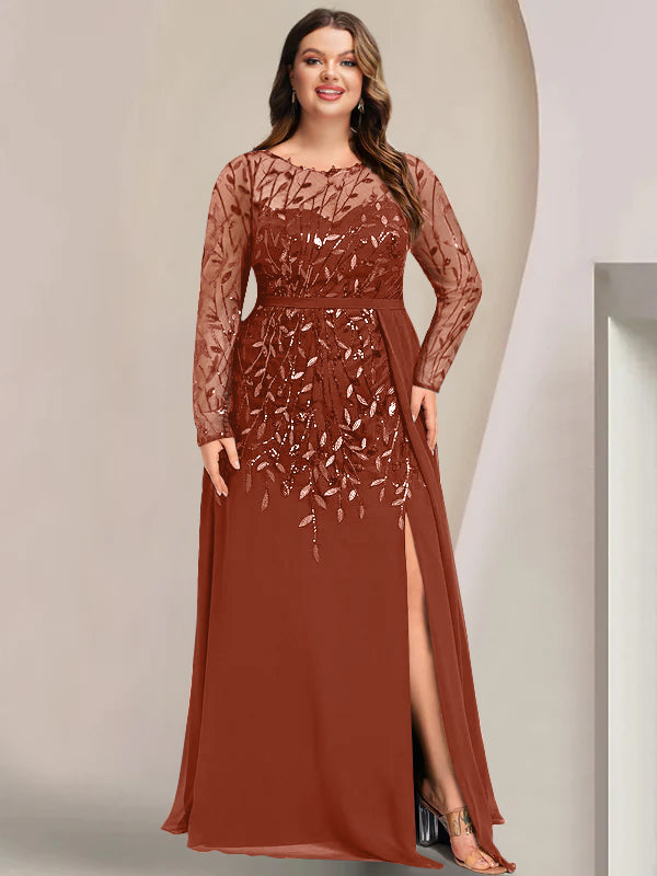 A-Line/Princess Scoop Long Sleeves Floor-Length Plus Size Mother Of The Bride Dresses With Split Side, Ruffles & Sequins BabaMila