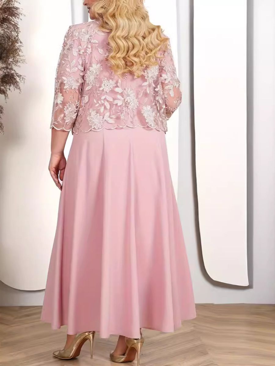 A-Line/Princess 3/4 Sleeves Tea-Length Plus Size Mother Of The Bride Dresses With Appliques & Jacket BabaMila