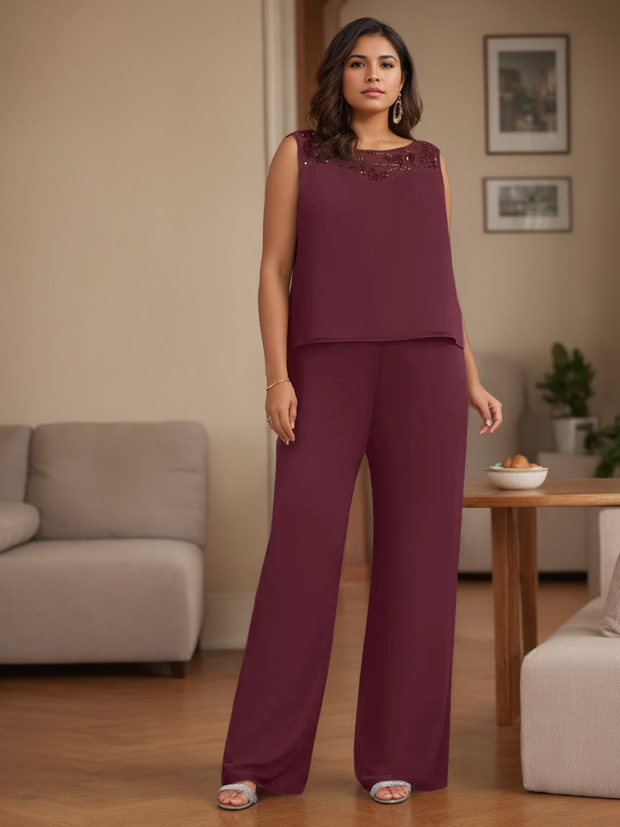 Chiffon 3 Pieces Scoop Neck 3/4 Length Sleeves Floor-Length Plus Size Mother Of The Bride Pantsuits With Jacket, Lace, Beaded BabaMila