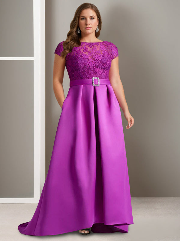 A-Line/Princess Scoop Short Sleeves Asymmetrical Plus Size Mother Of The Bride Dresses With Appliques BabaMila