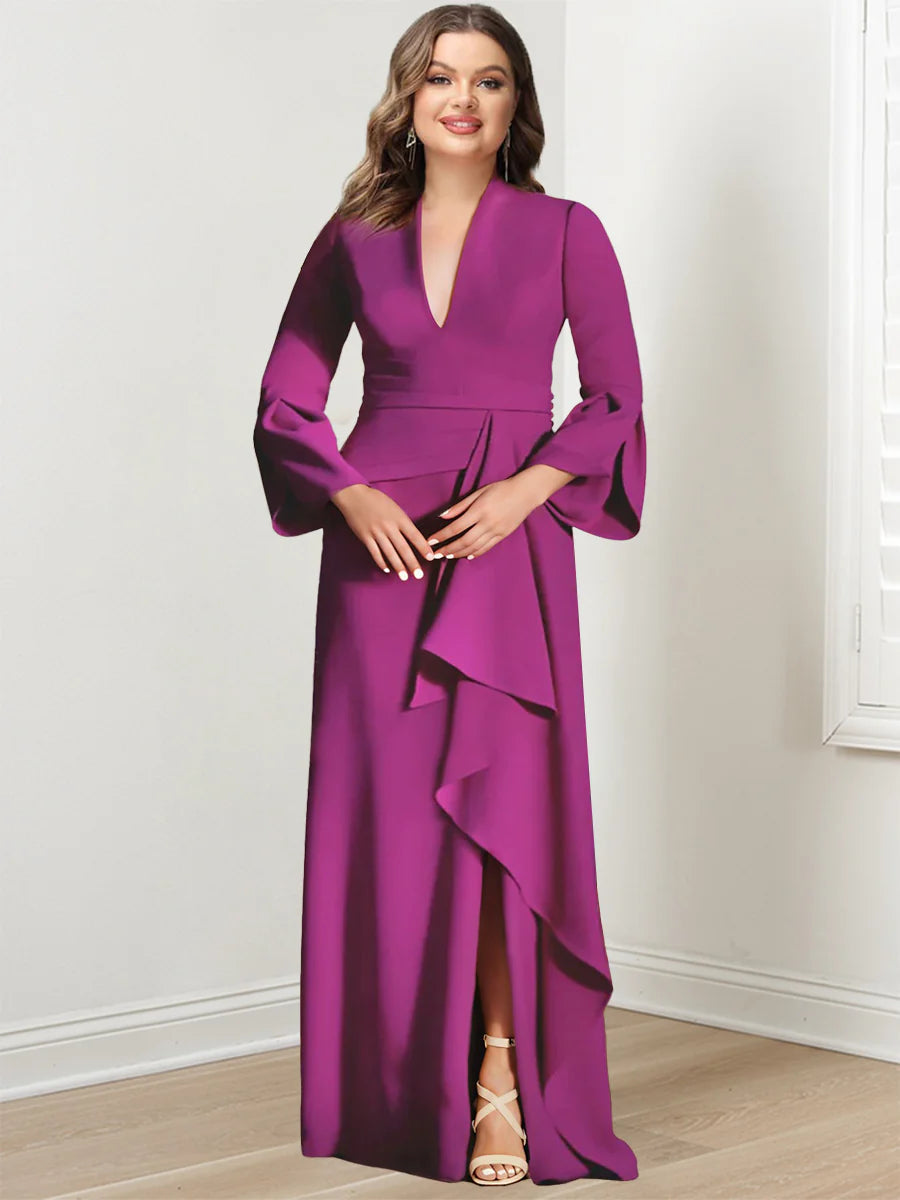 Sheath/Column V-Neck Long Sleeves Floor-Length Plus Size Mother Of The Bride Dresses With Split Side BabaMila