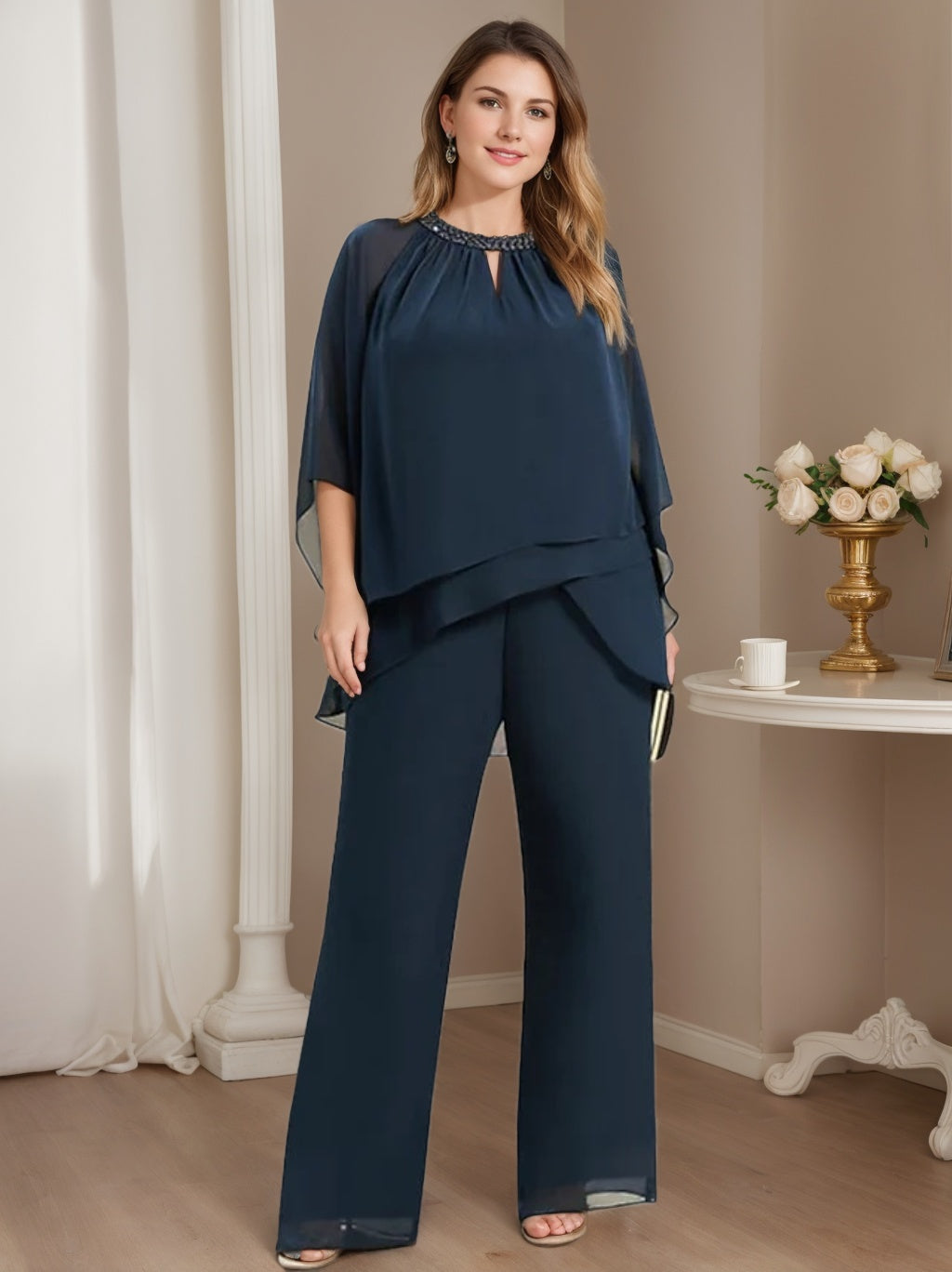 Chiffon Jewel Neck Mother Of The Bride Pantsuits BabaMila