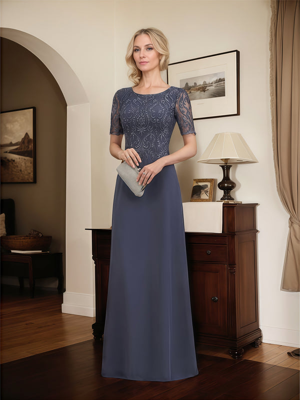 A-Line Scoop Neck Short Sleeve Floor-Length Lace/Chiffon Mother of the Bride Dress With Appliques BabaMila