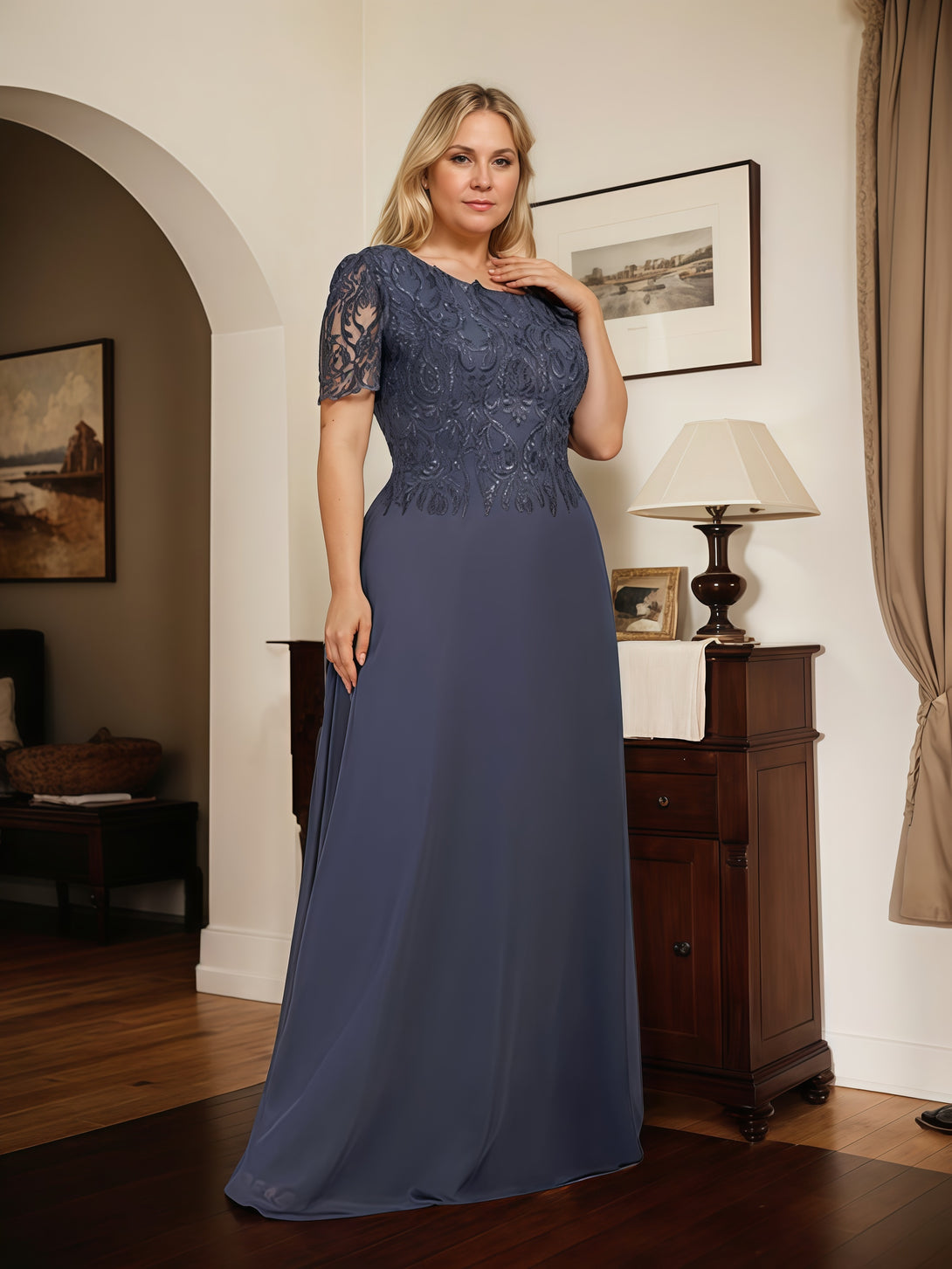 A-Line Scoop Neck Short Sleeve Floor-Length Lace/Chiffon Mother of the Bride Dress With Appliques BabaMila