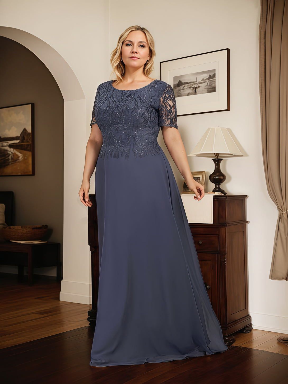 A-Line Scoop Neck Short Sleeve Floor-Length Lace/Chiffon Mother of the Bride Dress With Appliques BabaMila