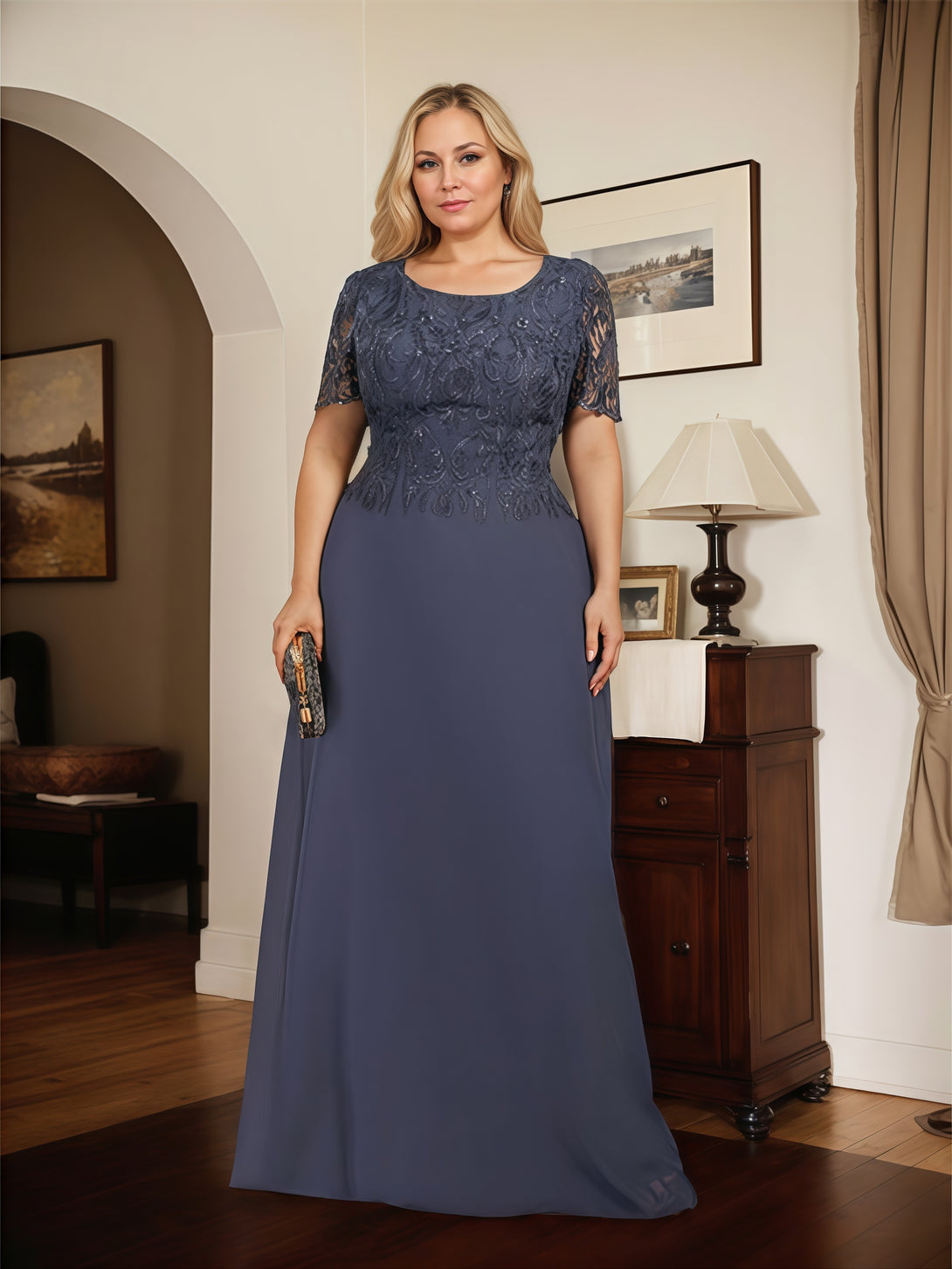 A-Line Scoop Neck Short Sleeve Floor-Length Lace/Chiffon Mother of the Bride Dress With Appliques BabaMila