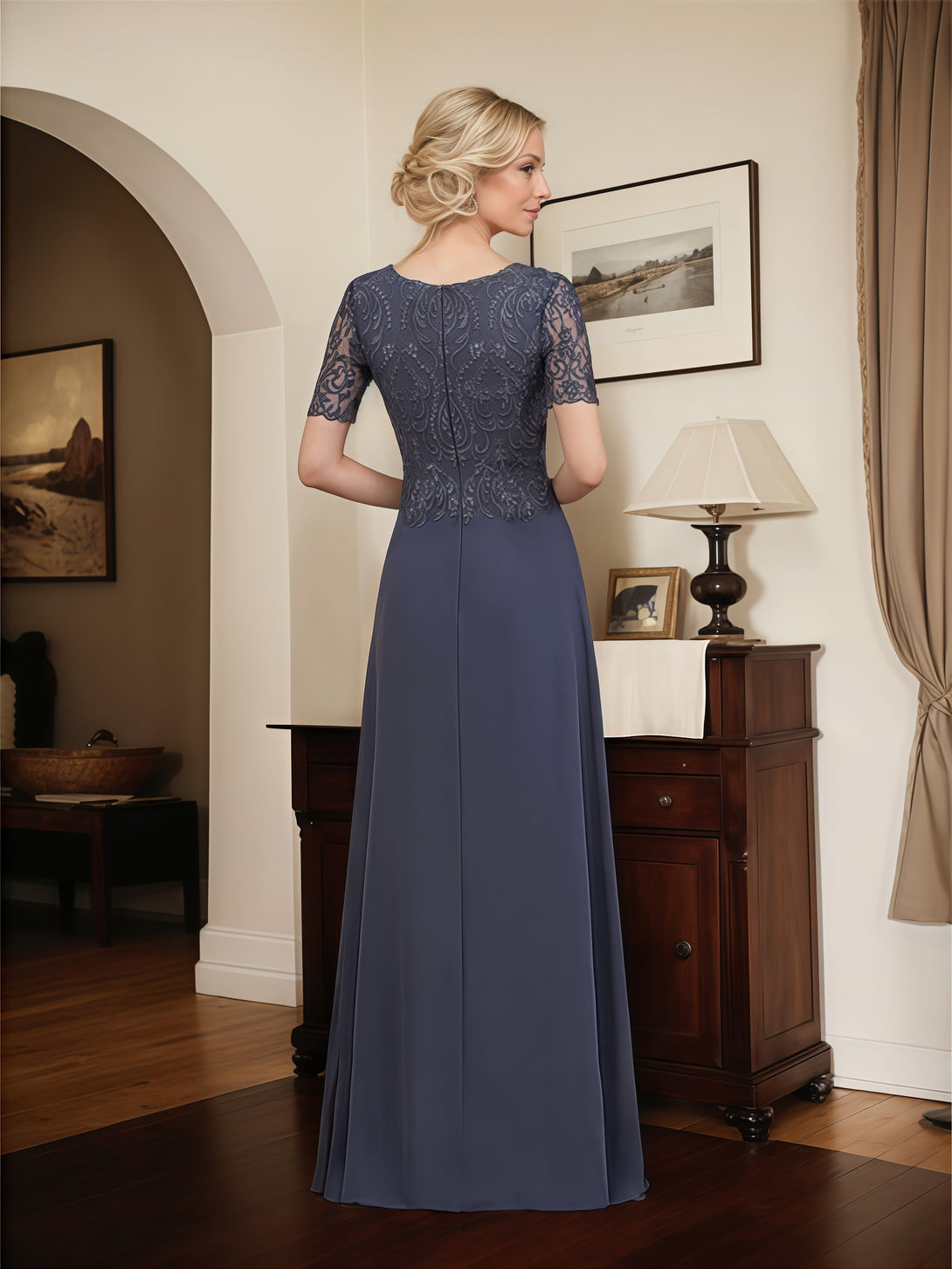 A-Line Scoop Neck Short Sleeve Floor-Length Lace/Chiffon Mother of the Bride Dress With Appliques BabaMila