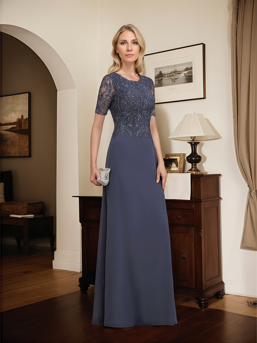 A-Line Scoop Neck Short Sleeve Floor-Length Lace/Chiffon Mother of the Bride Dress With Appliques BabaMila