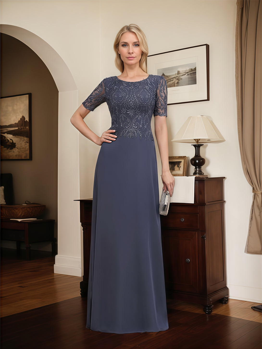 A-Line Scoop Neck Short Sleeve Floor-Length Lace/Chiffon Mother of the Bride Dress With Appliques BabaMila