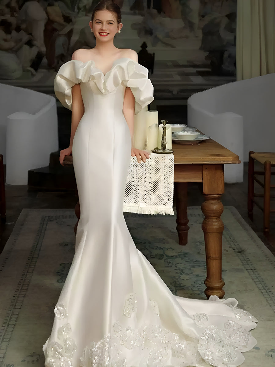 Trumpet/Mermaid Off-the-Shoulder Satin Wedding Dresses with Embroidery BabaMila