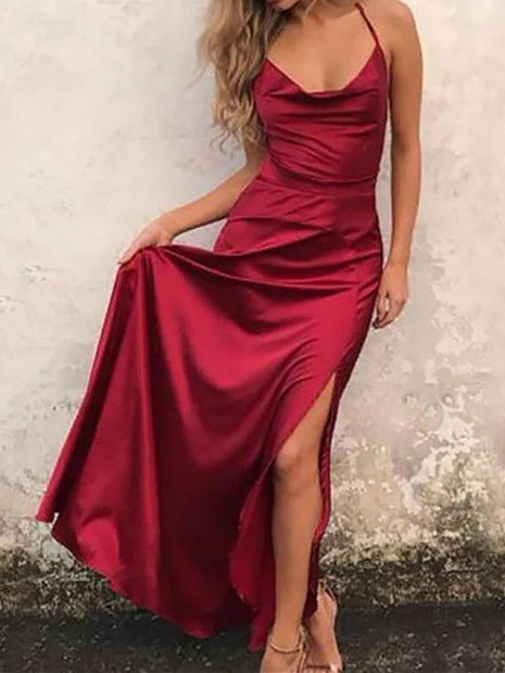 Women's Sheath/Column Silk like Satin Spaghetti Straps Floor-Length Long Prom Dresses BabaMila