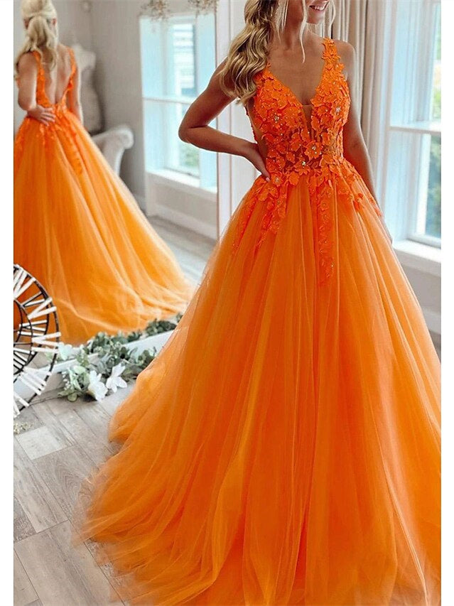 A-Line/Princess V Neck Floor-Length Orange Prom Dresses with with Appliques/Beads BabaMila