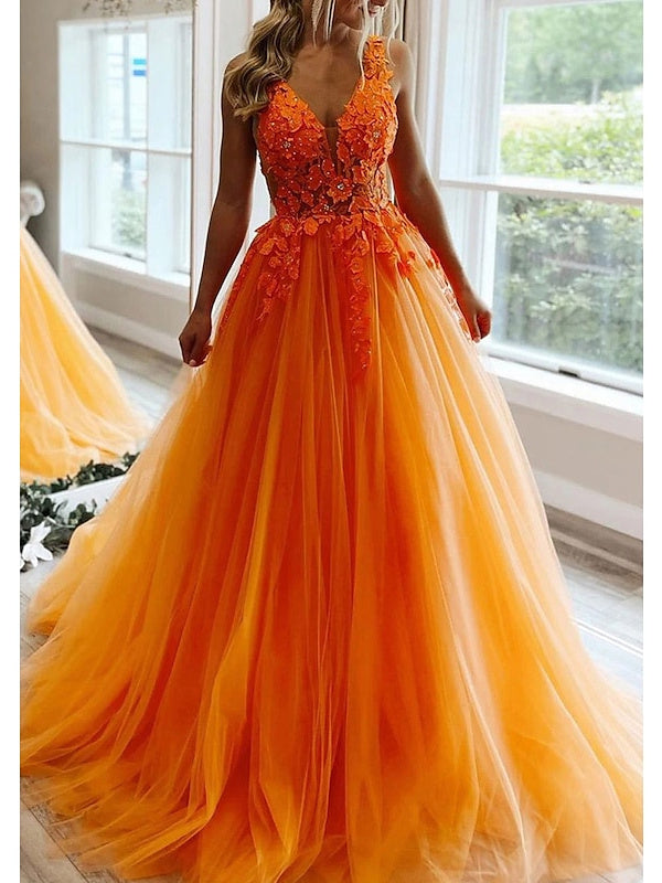 A-Line/Princess V Neck Floor-Length Orange Prom Dresses with with Appliques/Beads BabaMila