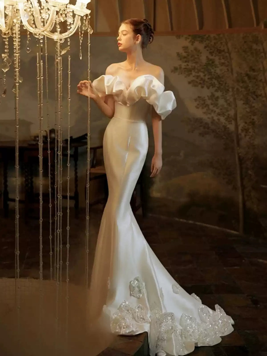 Trumpet/Mermaid Off-the-Shoulder Satin Wedding Dresses with Embroidery BabaMila