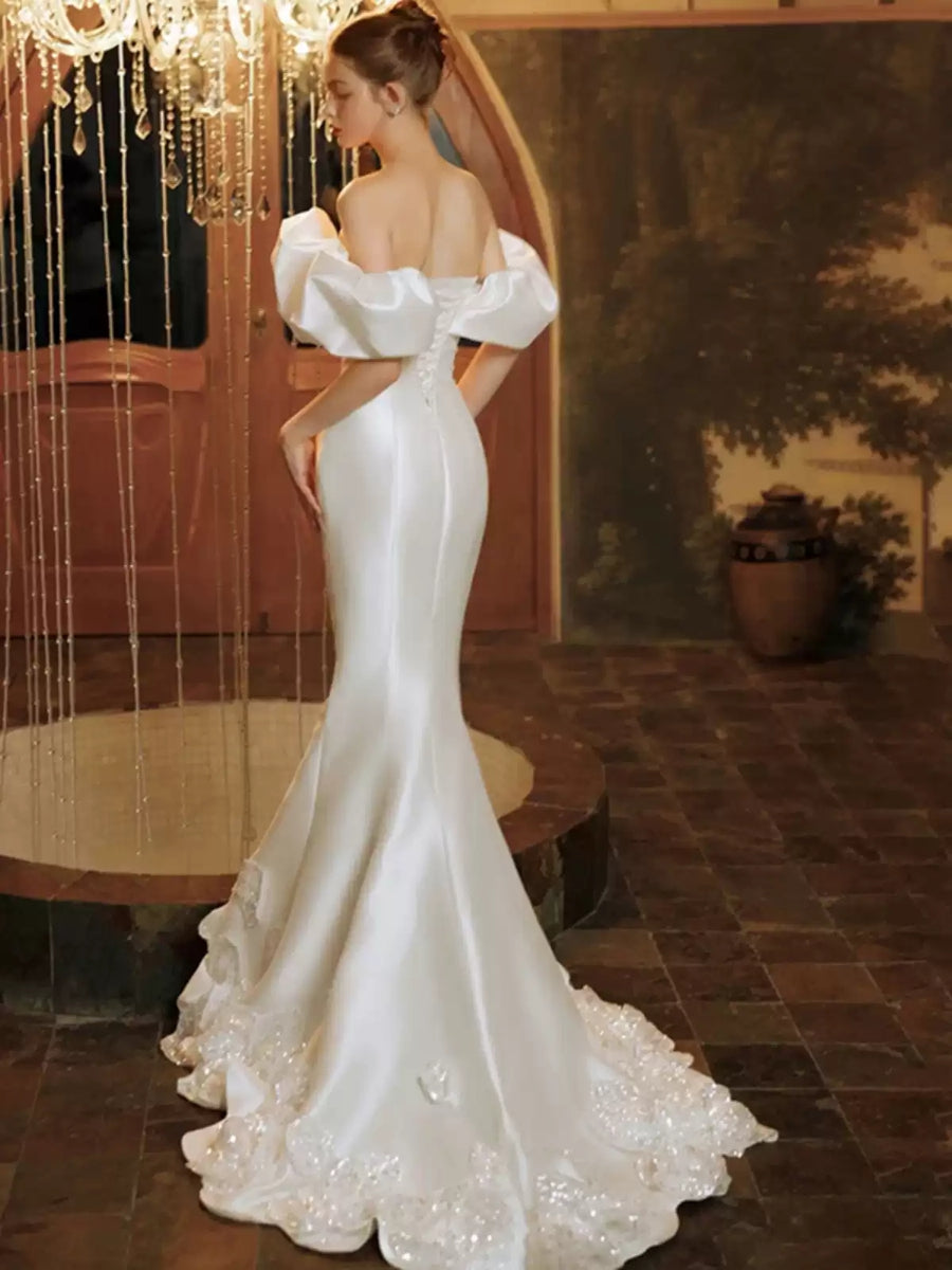 Trumpet/Mermaid Off-the-Shoulder Satin Wedding Dresses with Embroidery BabaMila