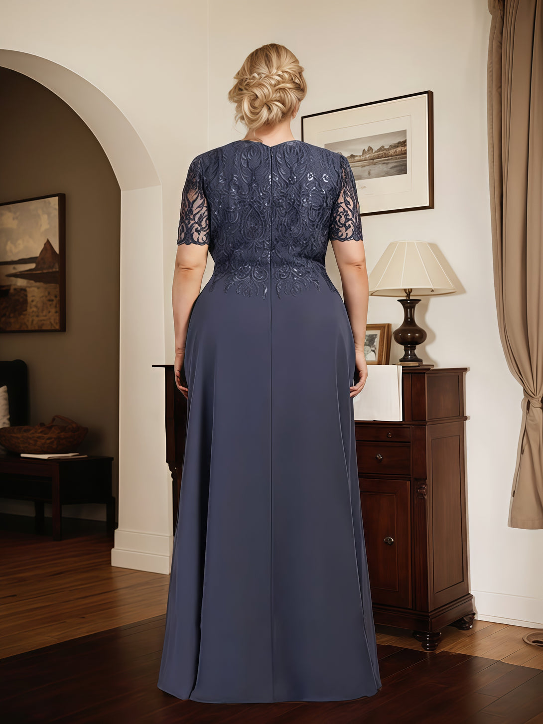 A-Line Scoop Neck Short Sleeve Floor-Length Lace/Chiffon Mother of the Bride Dress With Appliques BabaMila