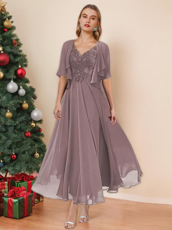 A-Line/Princess V-Neck Tea-Length Mother Of The Bride Dresses BabaMila