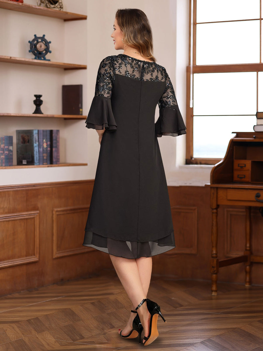 A-Line/Princess Round Neck 1/2 Sleeves Knee Length Mother Of The Bride & Groom Dresses With Lace Appliques & Ruffles BabaMila