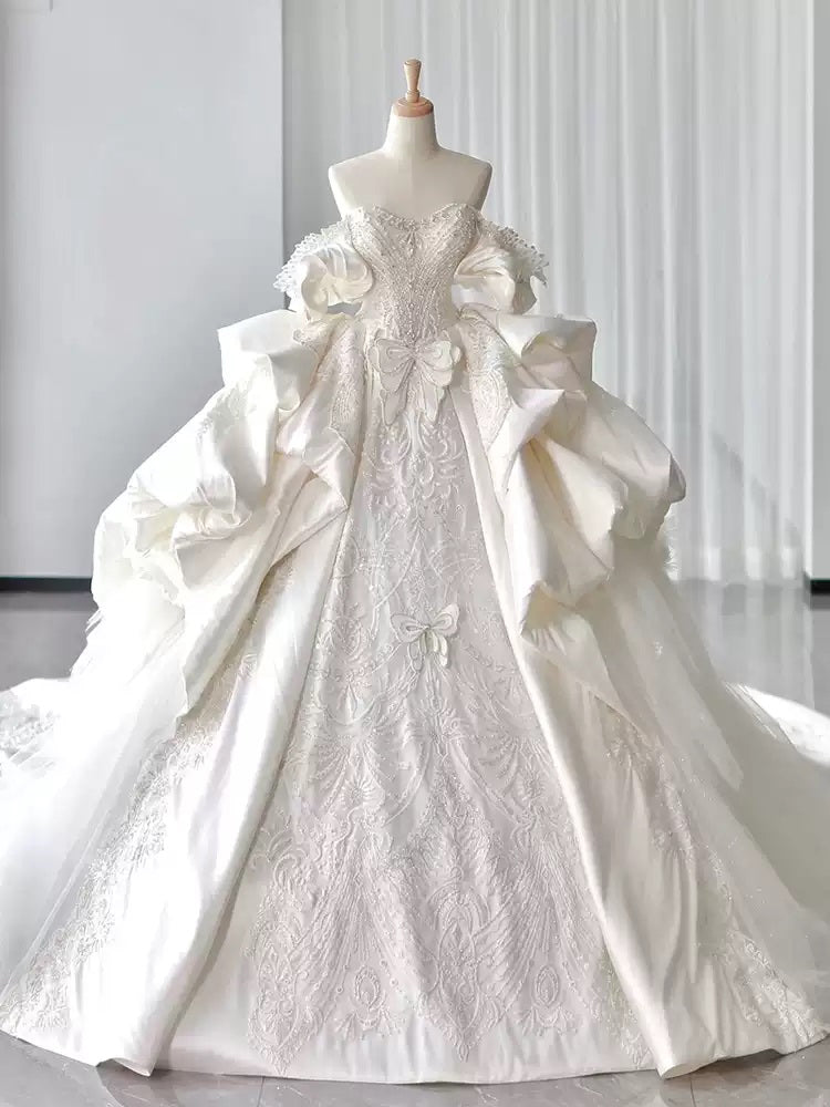 Ball Gown Off-the-Shoulder White Satin Wedding Dresses with Appliques & Beadings BabaMila
