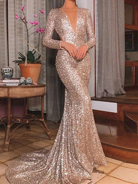 Women's Trumpet/Mermaid Long Sleeve Sequin V-neck Sweep/Brush Train Long Prom Dresses BabaMila