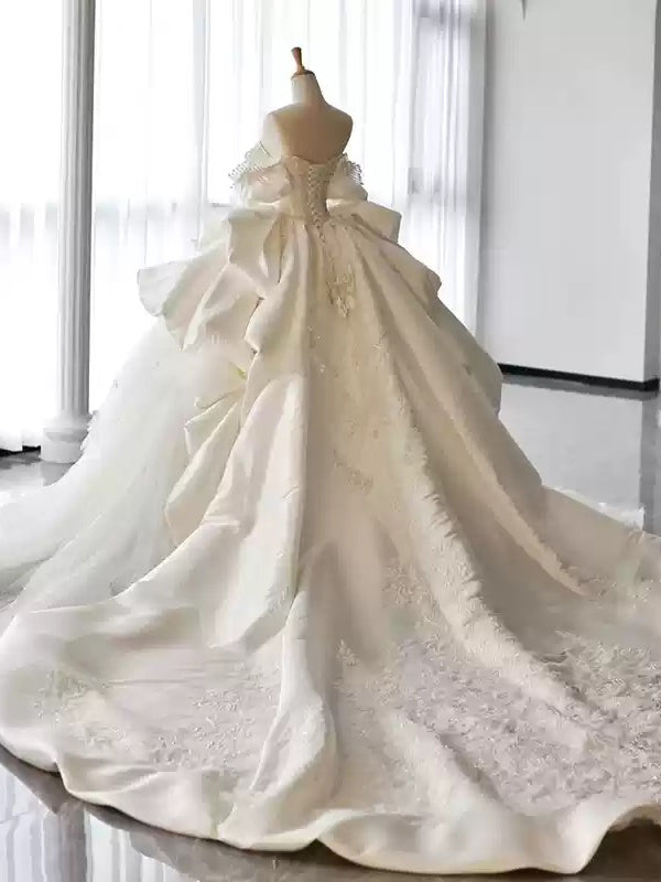Ball Gown Off-the-Shoulder White Satin Wedding Dresses with Appliques & Beadings BabaMila