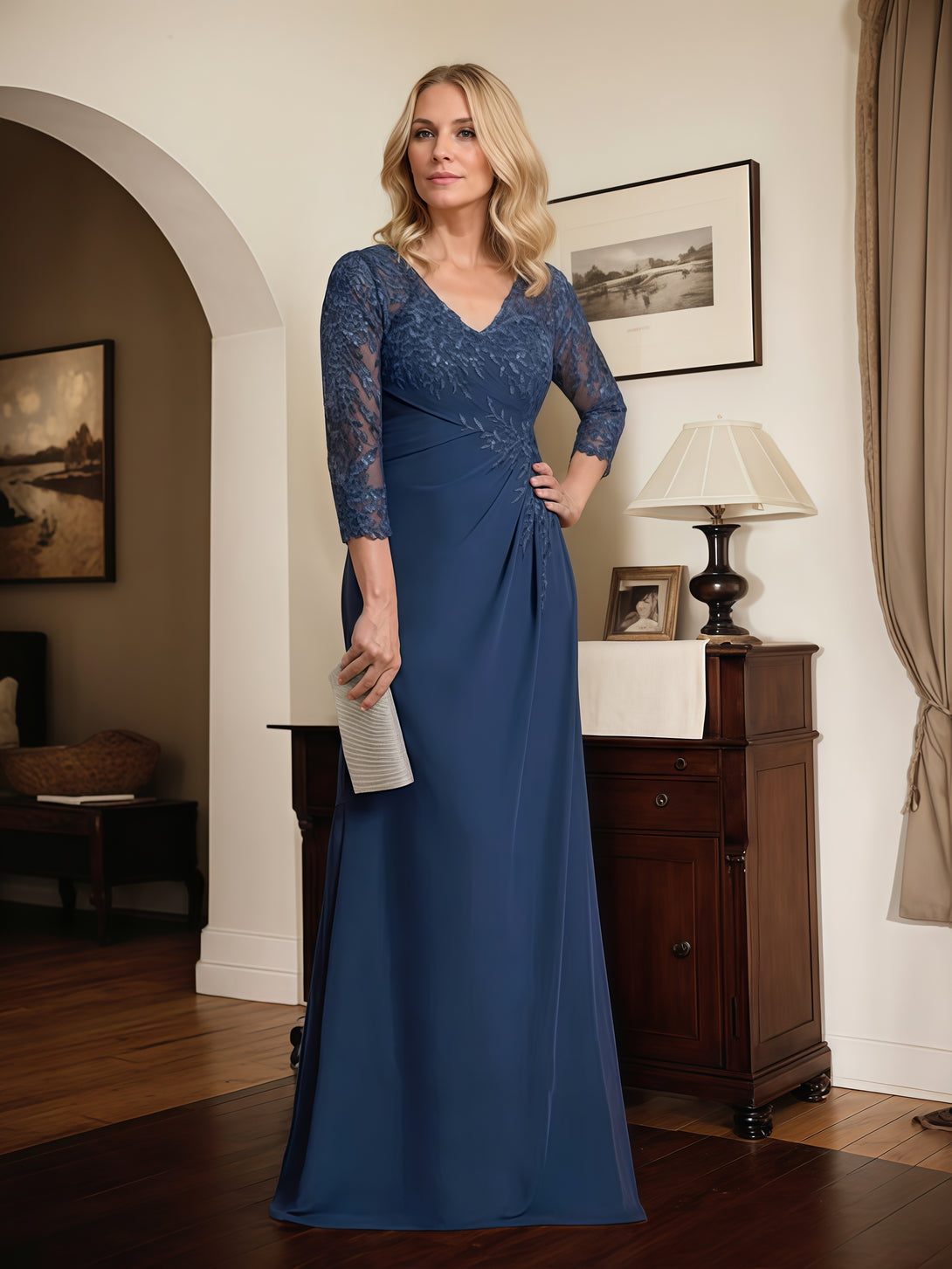 Sheath V-Neck 3/4 Sleeve Floor-Length Lace/Chiffon Mother of the Bride Dress With Appliques/Pleated BabaMila