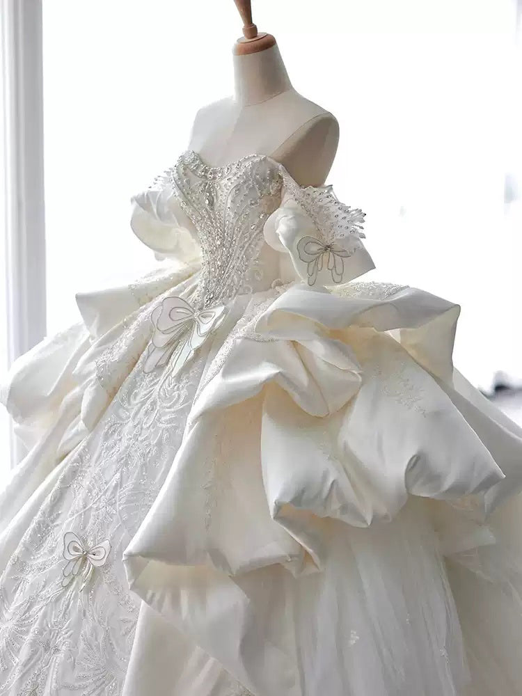 Ball Gown Off-the-Shoulder White Satin Wedding Dresses with Appliques & Beadings BabaMila