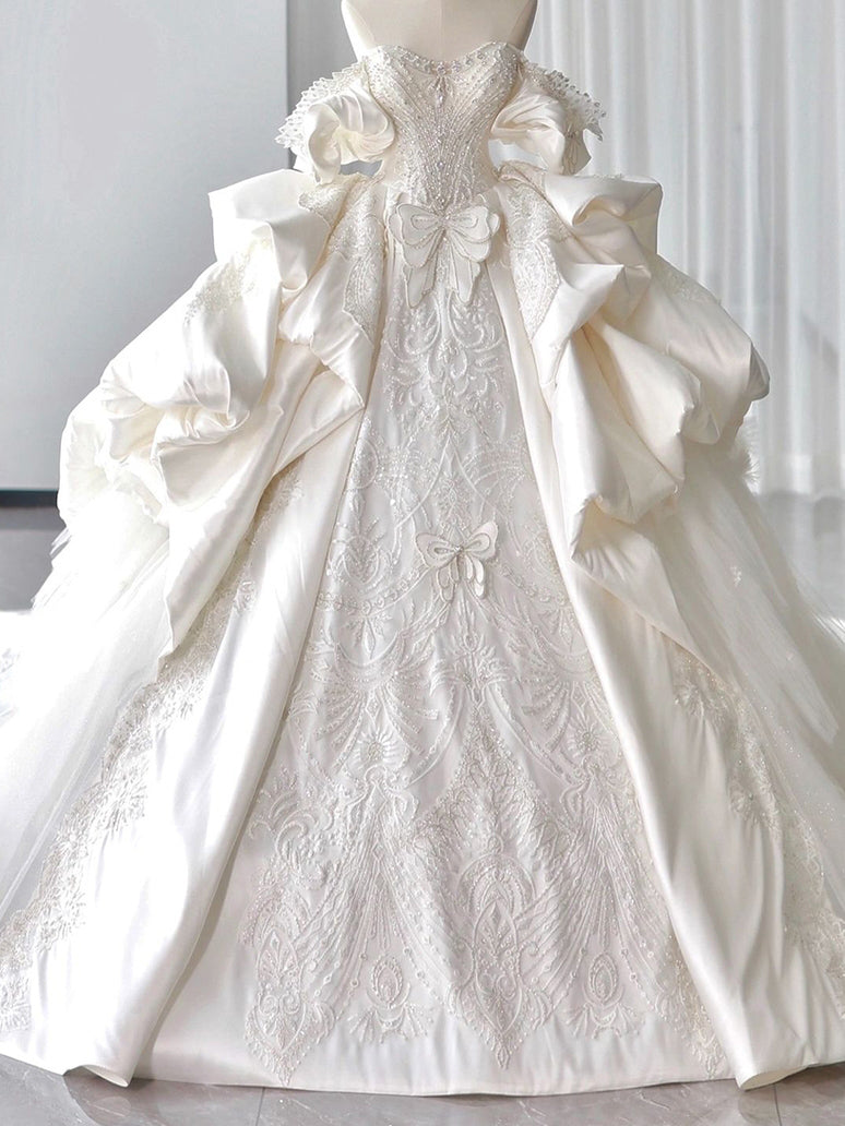 Ball Gown Off-the-Shoulder White Satin Wedding Dresses with Appliques & Beadings BabaMila