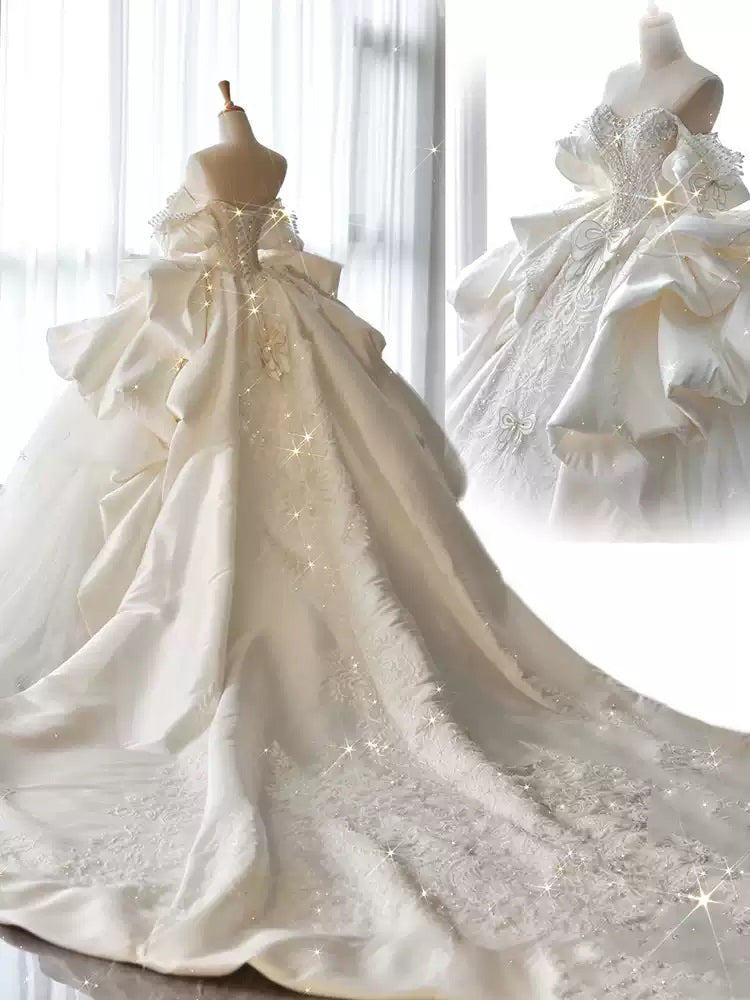 Ball Gown Off-the-Shoulder White Satin Wedding Dresses with Appliques & Beadings BabaMila