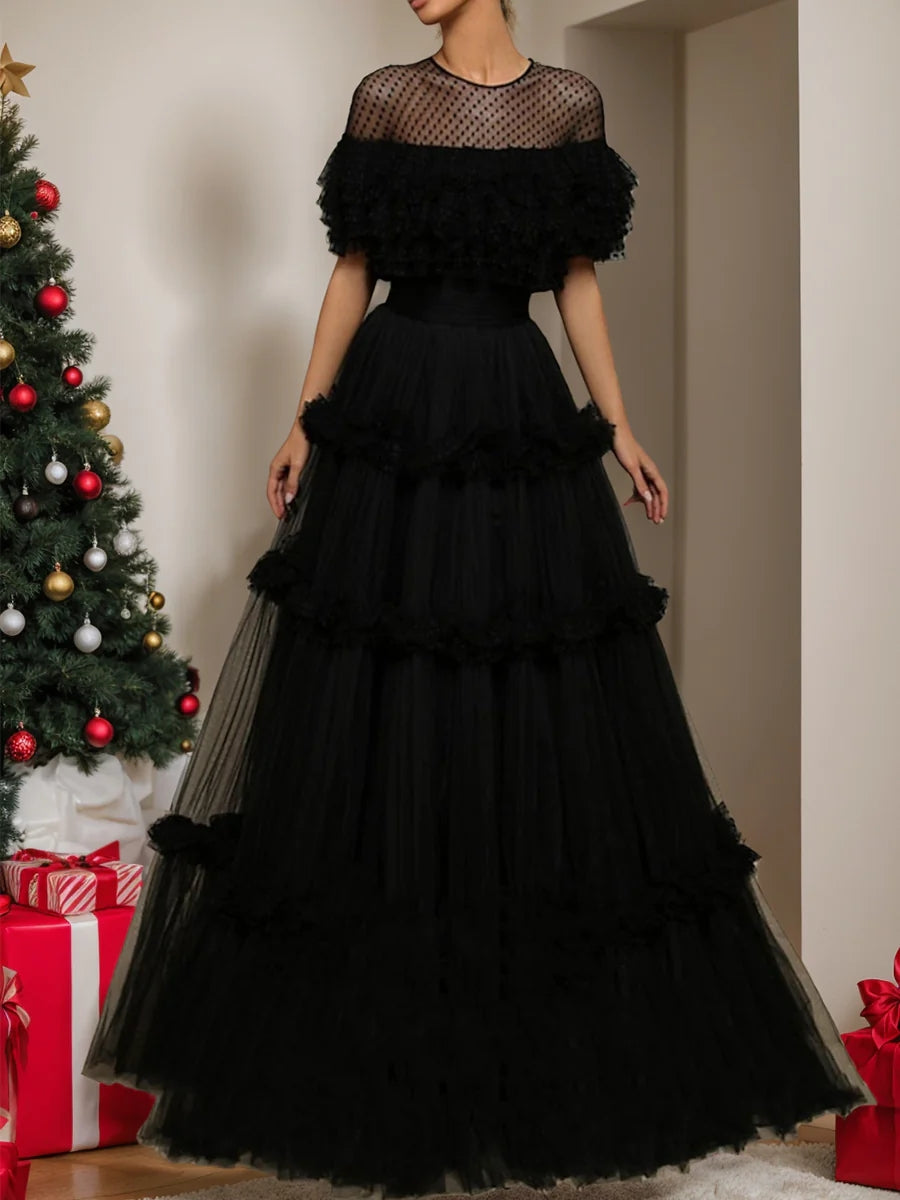 A-Line/Princess Sheer Neck Tulle Long Dresses Prom Dresses BabaMila