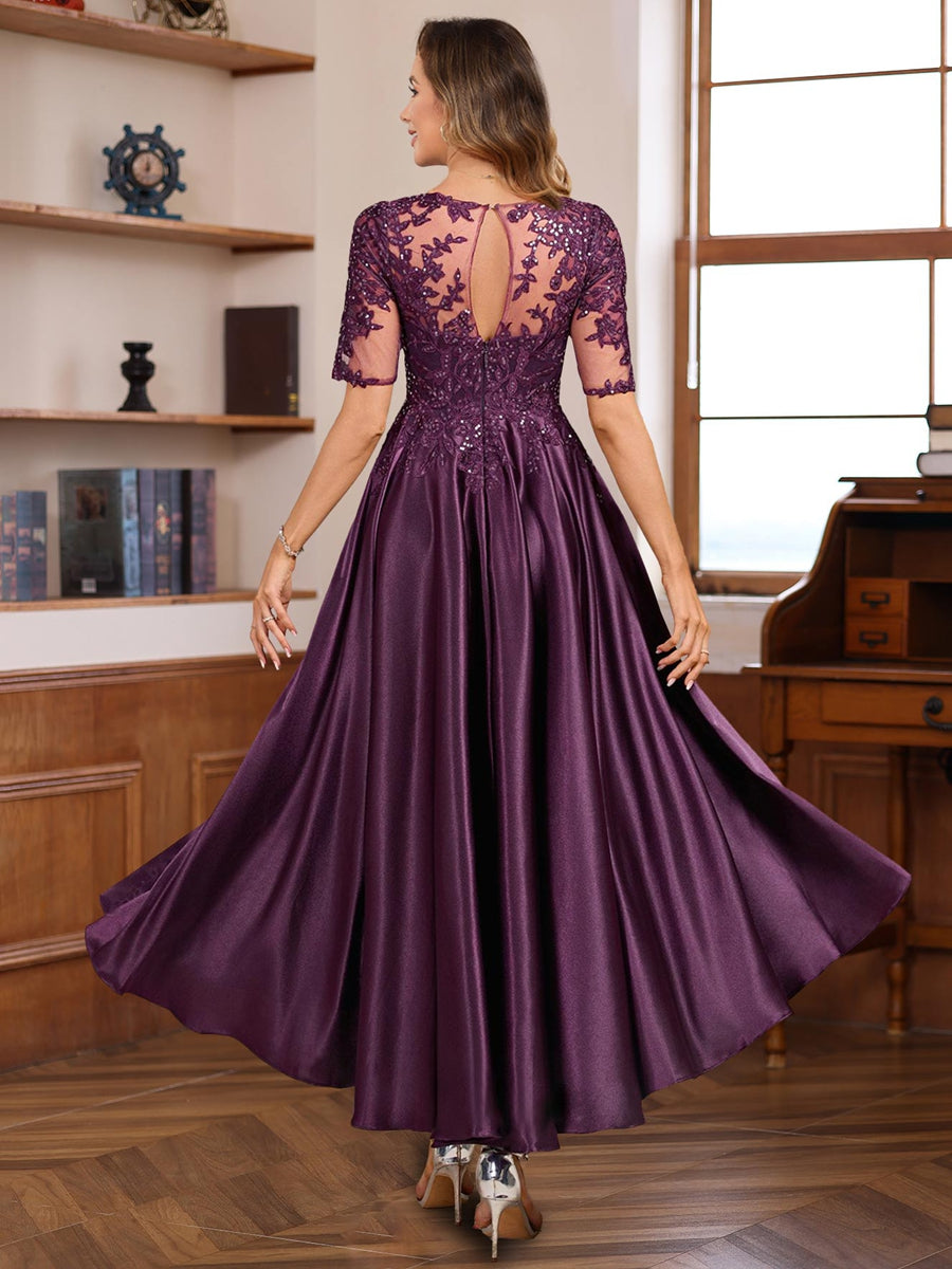 A-Line/Princess Round Neck Short Sleeves Asymmetrical Elegant Mother Of The Bride & Groom Dresses With Lace Appliques BabaMila