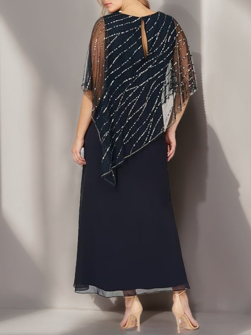 A-Line/Princess V-Neck Half Sleeves Ankle-Length Plus Size Mother Of The Bride Dresses With Asymmetrical Cape Popover BabaMila