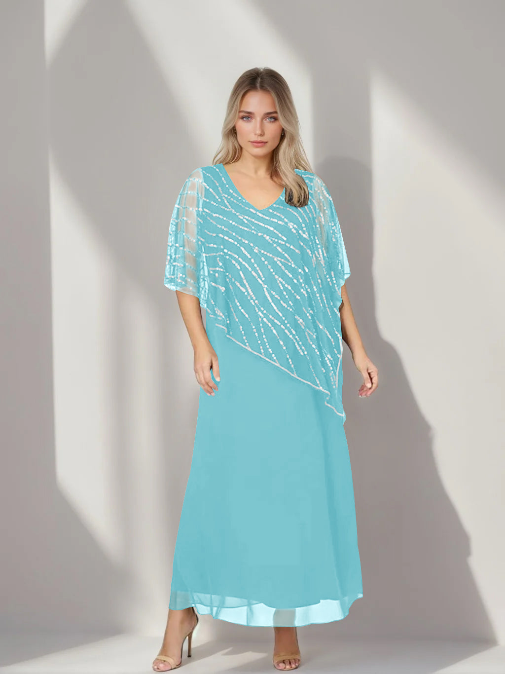 A-Line/Princess V-Neck Half Sleeves Ankle-Length Plus Size Mother Of The Bride Dresses With Asymmetrical Cape Popover BabaMila