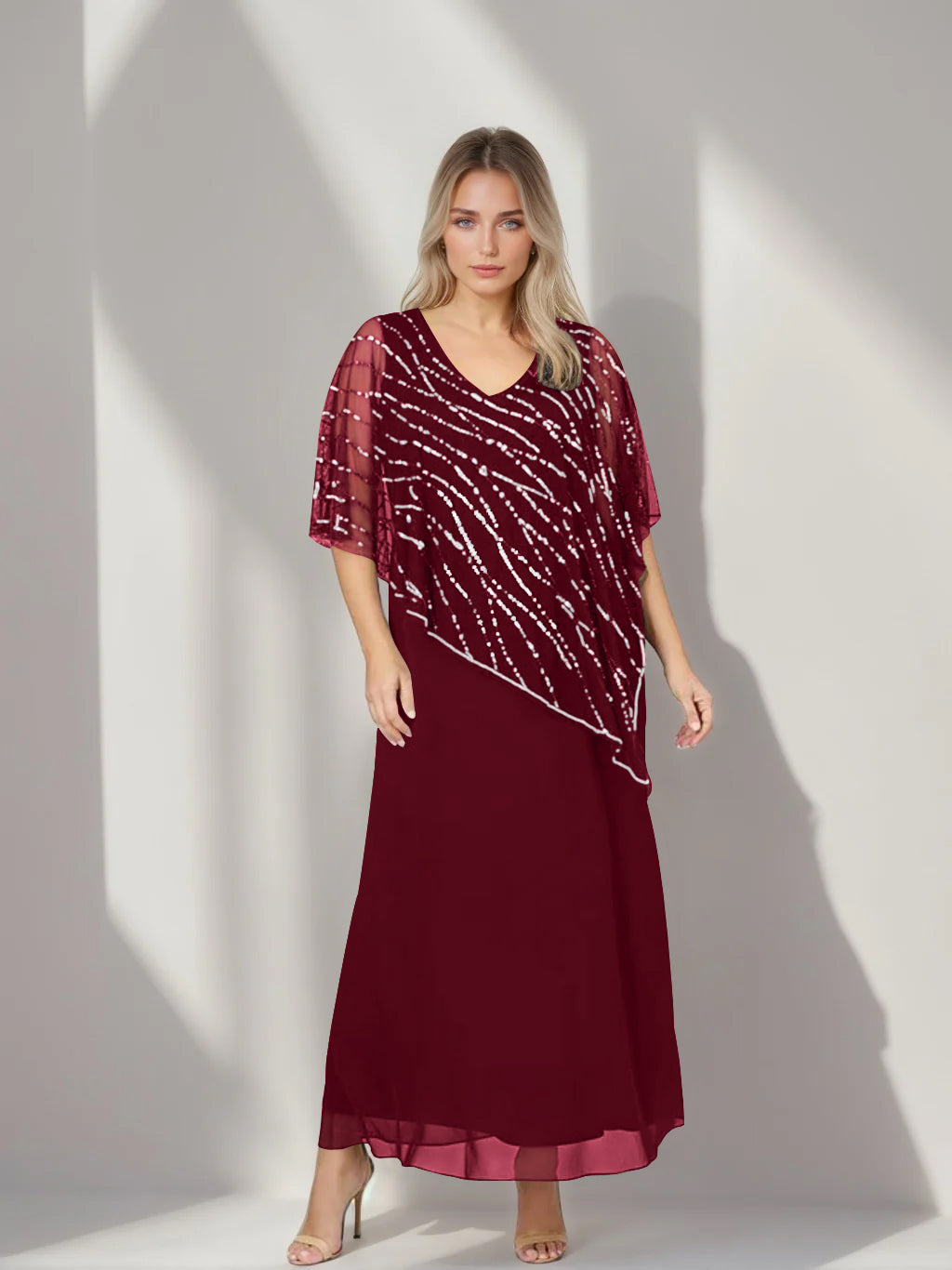 A-Line/Princess V-Neck Half Sleeves Ankle-Length Plus Size Mother Of The Bride Dresses With Asymmetrical Cape Popover BabaMila