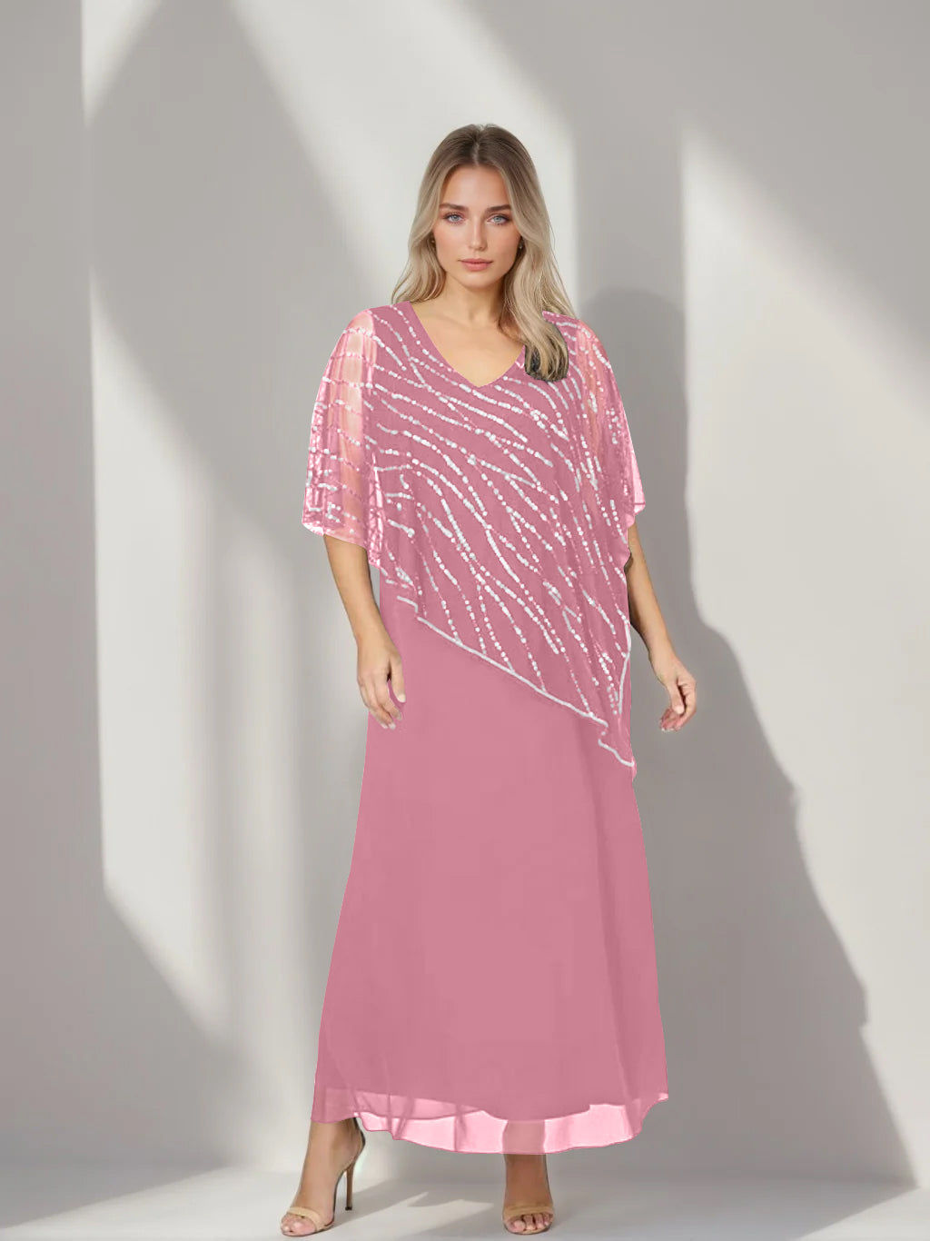 A-Line/Princess V-Neck Half Sleeves Ankle-Length Plus Size Mother Of The Bride Dresses With Asymmetrical Cape Popover BabaMila