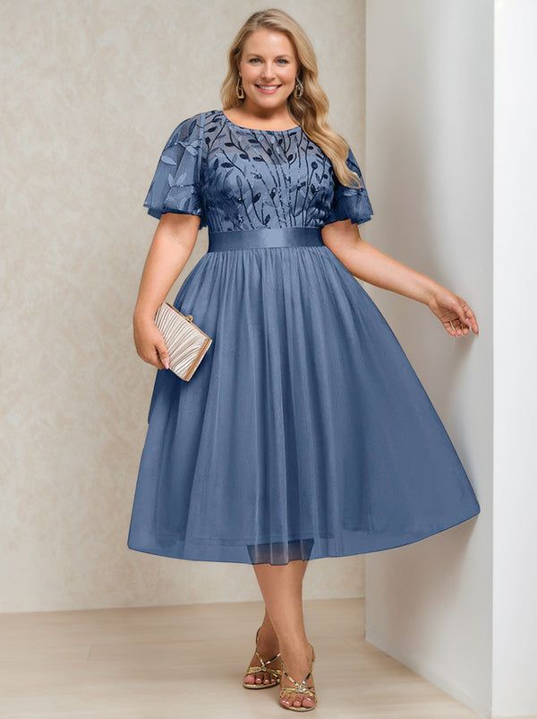 A-Line/Princess Round Neck Short Sleeves Tea-Length Plus Size Mother Of The Bride Dress With Sequins And Embroidery BabaMila