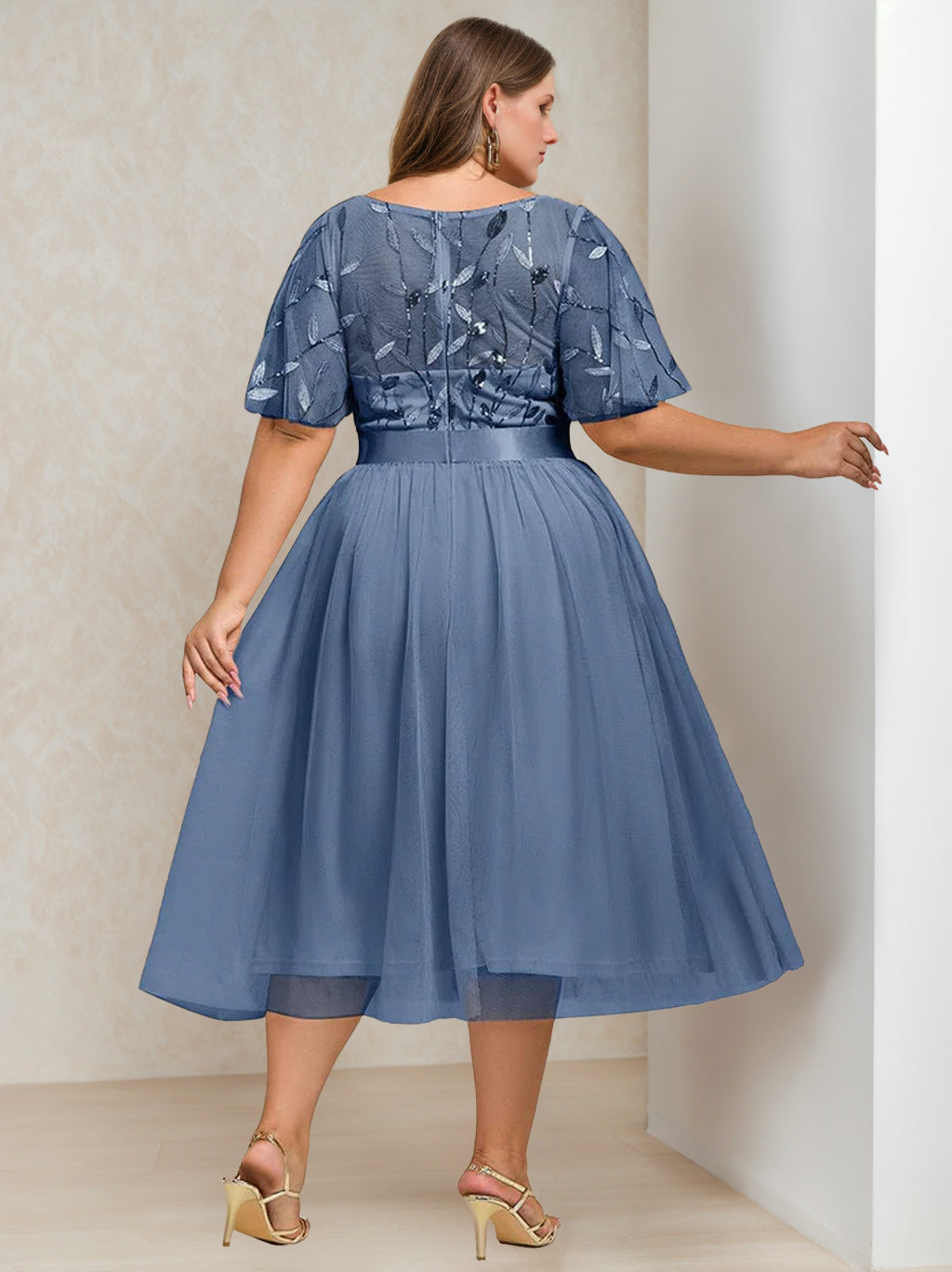 A-Line/Princess Round Neck Short Sleeves Tea-Length Plus Size Mother Of The Bride Dress With Sequins And Embroidery BabaMila