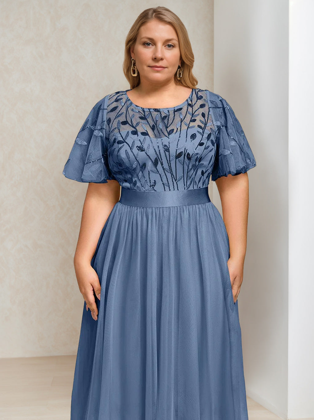 A-Line/Princess Round Neck Short Sleeves Tea-Length Plus Size Mother Of The Bride Dress With Sequins And Embroidery BabaMila