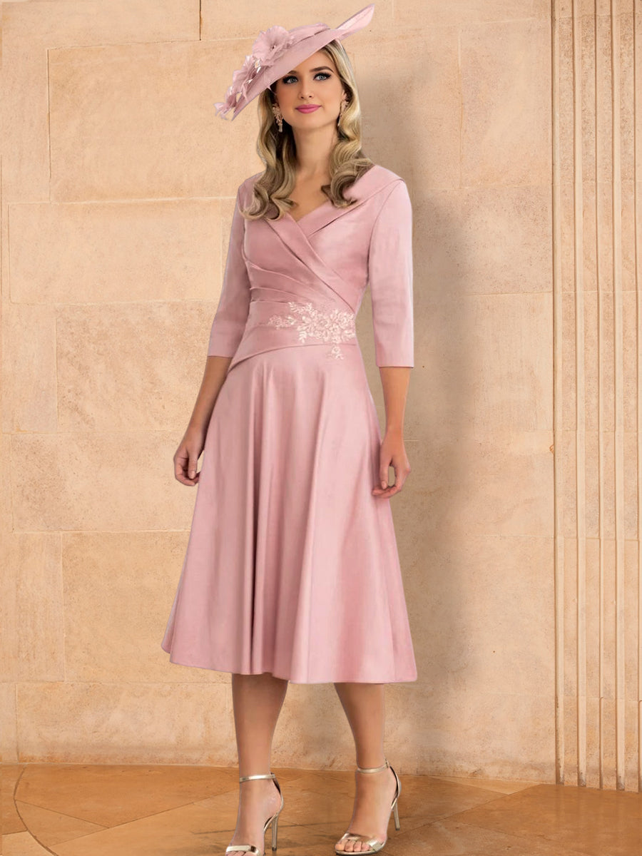 A-Line/Princess V-Neck Tea-Length Mother Of The Bride Dresses With Applique BabaMila