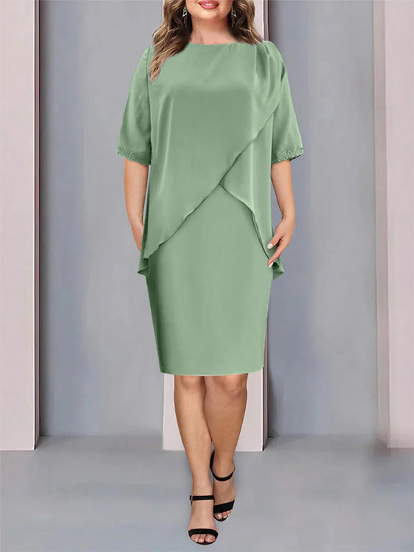 Column Jewel Neck Knee-Length Plus Size Mother Of The Bride Dresses With Beading & Ruching BabaMila