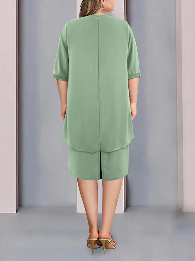 Column Jewel Neck Knee-Length Plus Size Mother Of The Bride Dresses With Beading & Ruching BabaMila