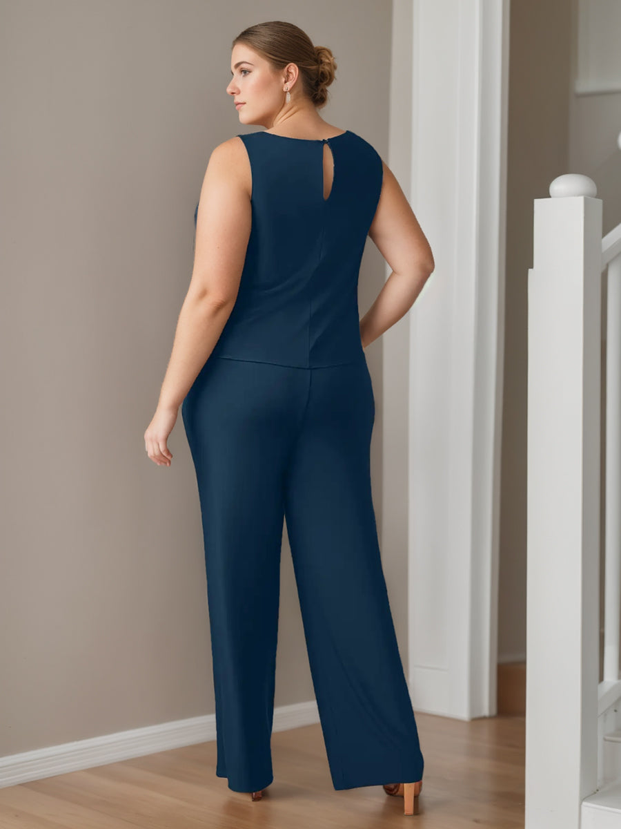 Chiffon 3 Pieces Scoop Neck 3/4 Length Sleeves Floor-Length Plus Size Mother Of The Bride Pantsuits With Jacket & Pockets BabaMila