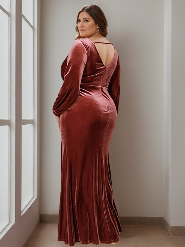 A-Line/Princess V-Neck Long Sleeves Floor-Length Plus Size Velvet Mother Of The Bride Dresses With Ruffles BabaMila