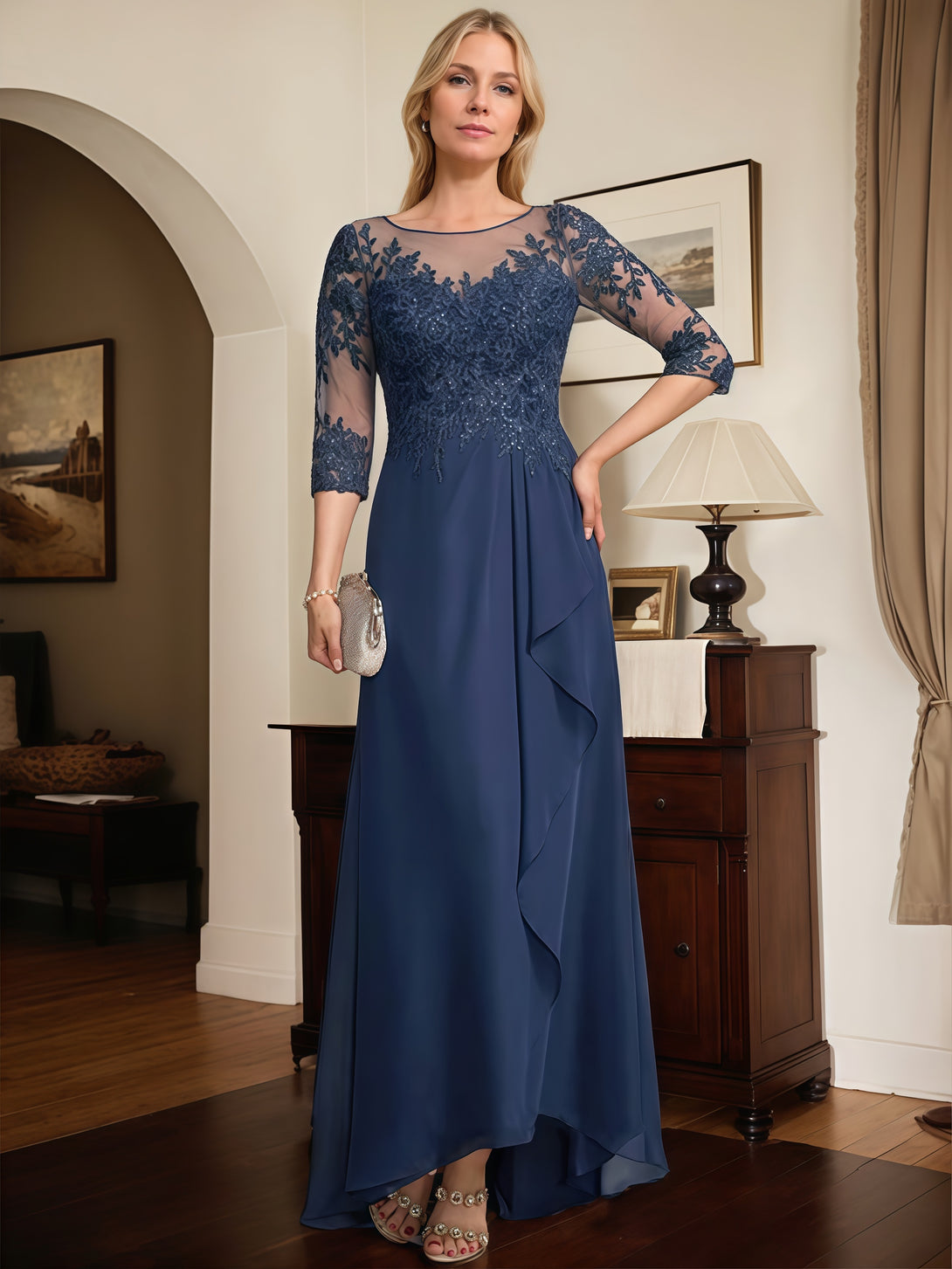 Illusion A-Line Scoop Neck 3/4 Sleeve Asymmetrical Lace/Chiffon Mother of the Bride Dress With Cascading Ruffles/Appliques/Sequins BabaMila