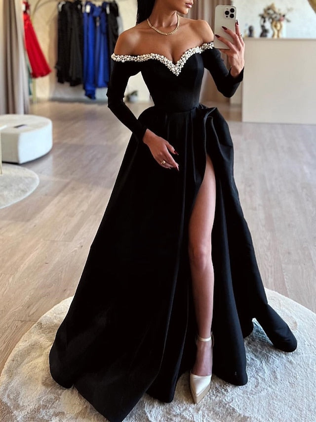 Ball Gown Off-the-Shoulder Floor-length Long Prom Dresses With Split Side/Beads BabaMila