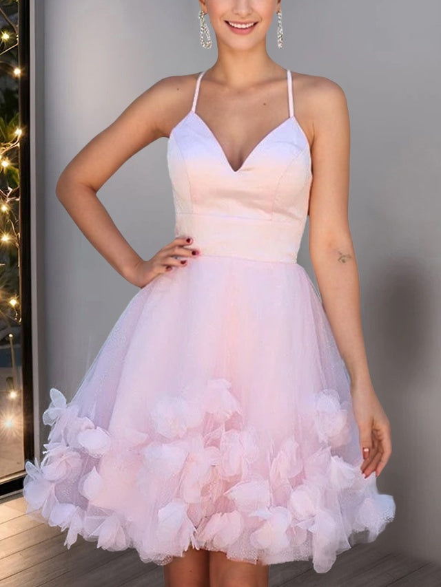 A-Line/Princess Spaghetti Straps Glitter Tulle/Satin V-Neck Sleeveless Short/Mini Party Dance Cocktail Homecoming Dress with Handmade Flowers BabaMila